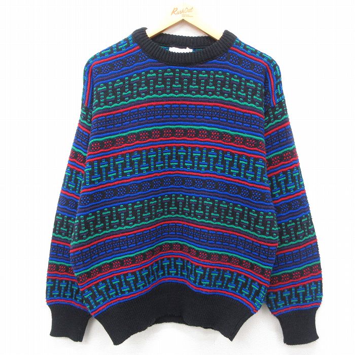 L★古着 長袖 セーター メンズ 90年代 90s アクリル クルーネック USA製 黒他 ブラック 24nov08 中古 ニット トップス