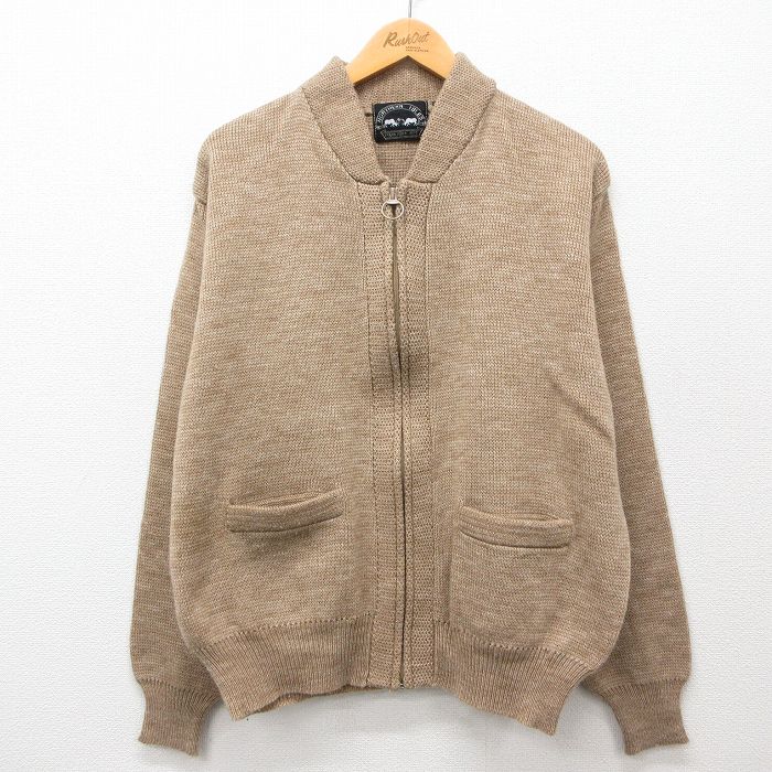 XL★古着 長袖 フルジップ ニット カーディガン メンズ 90年代 90s ベージュ カーキ 24nov08 中古 トップス