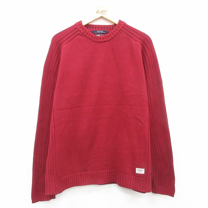 XL★古着 トミーヒルフィガー TOMMY HILFIGER トミージーンズ 長袖 ブランド セーター メンズ 90年代 90s ワンポイントロゴ コットン クルーネック エンジ 24nov12 中古 ニット トップス