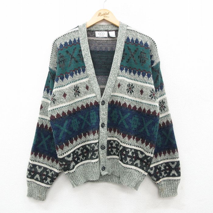 M★古着 シアーズ 長袖 ニット カーディガン メンズ 90年代 90s 雪柄 アクリル グレー他 霜降り 24nov12 中古 トップス