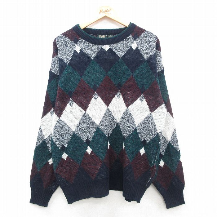 L★古着 長袖 セーター メンズ 90年代 90s アクリル クルーネック 緑他 グリーン 24nov12 中古 ニット トップス
