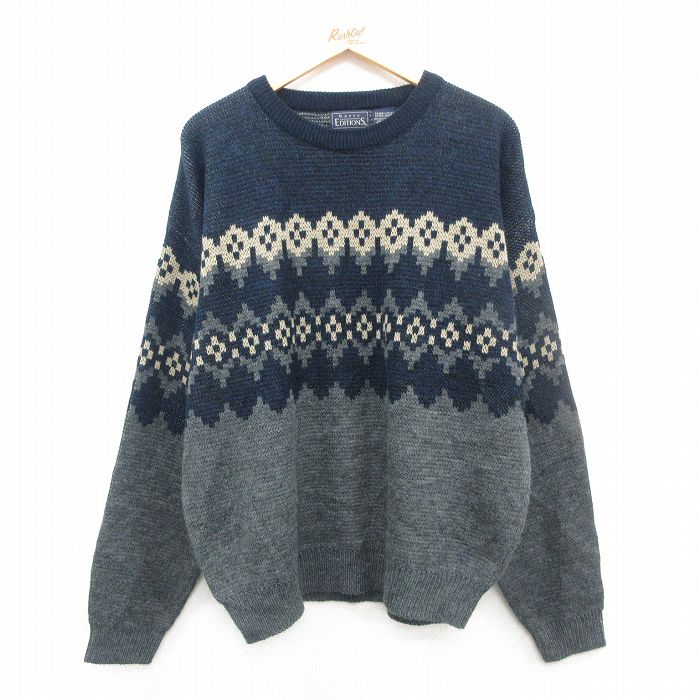 XL★古着 ベーシックエディションズ 長袖 セーター メンズ 00年代 00s アクリル クルーネック グレー他 24nov12 中古 ニット トップス