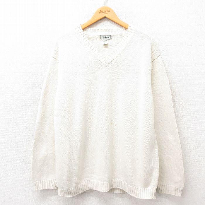 XL★古着 エルエルビーン LLBEAN 長袖 セーター メンズ 90年代 90s コットン Vネック カナダ製 生成り 24nov12 中古 ニット トップス