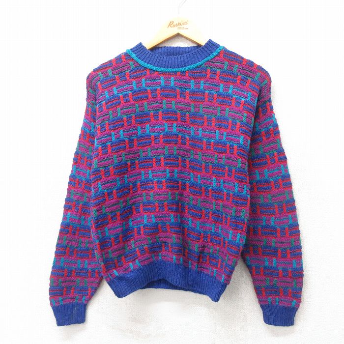 S★古着 長袖 セーター メンズ 90年代 90s コットン クルーネック USA製 青他 ブルー 24nov12 中古 ニット トップス