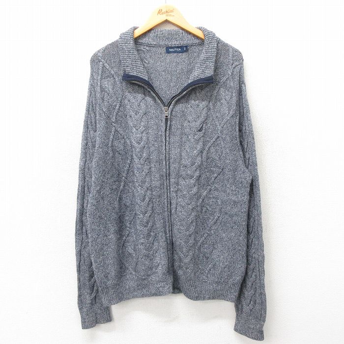 XL★古着 ノーティカ NAUTICA 長袖 ブランド ケーブル ニット カーディガン メンズ ワンポイントロゴ 濃紺 ネイビー 霜降り 24nov12 中古 トップス