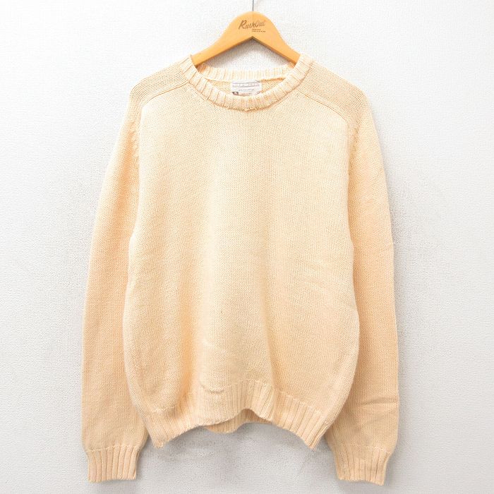 L★古着 長袖 セーター メンズ 80年代 80s 無地 コットン クルーネック USA製 薄オレンジ 24nov12 中古 ニット トップス