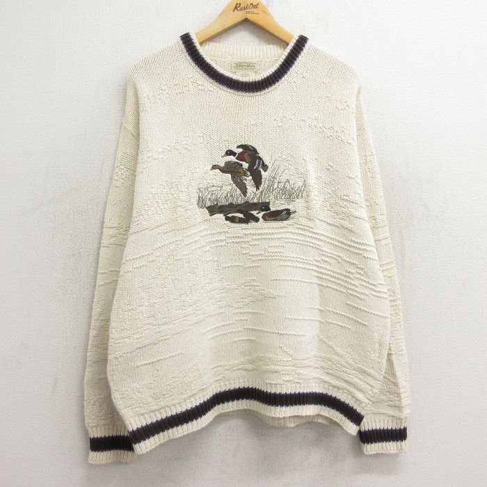 【50%OFF】XL★古着 セントジョンズベイ 長袖 セーター メンズ 90年代 90s 鳥 刺繍 コットン クルーネック USA製 生成り 24nov12 中古 ニット トップス