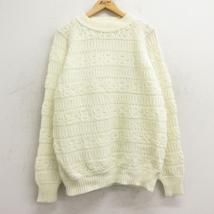 L★古着 長袖 セーター メンズ 80年代 80s ラグラン アクリル クルーネック 白 ホワイト 24nov12 中古 ニット トップス