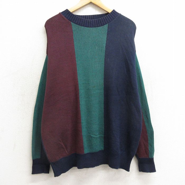 XL★古着 長袖 セーター メンズ 90年代 90s マルチカラー コットン クルーネック USA製 紺他 ネイビー 24nov12 中古 ニット トップス