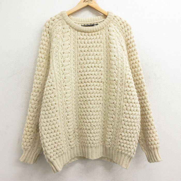 L★古着 長袖 ケーブル セーター メンズ 90年代 90s 手織り ラグラン ウール クルーネック 生成り 24nov13 中古 ニット トップス