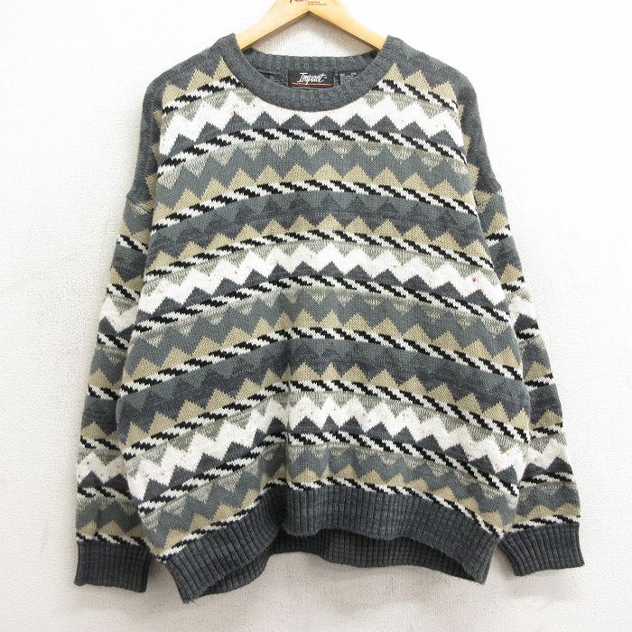 XL★古着 長袖 セーター メンズ 00年代 00s 大きいサイズ アクリル クルーネック グレー他 24nov13 中古 ニット トップス