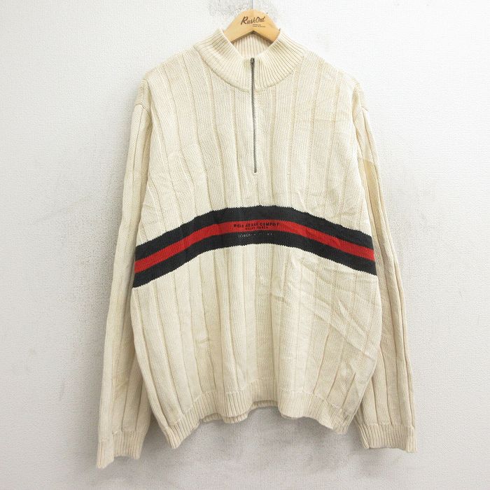 XL★古着 ラルフローレン Ralph Lauren ポロジーンズ 長袖 ブランド ハーフジップ セーター メンズ 00年代 00s ワンポイントロゴ 大きいサイズ コットン 生成り 24nov14 中古 ニット トップス