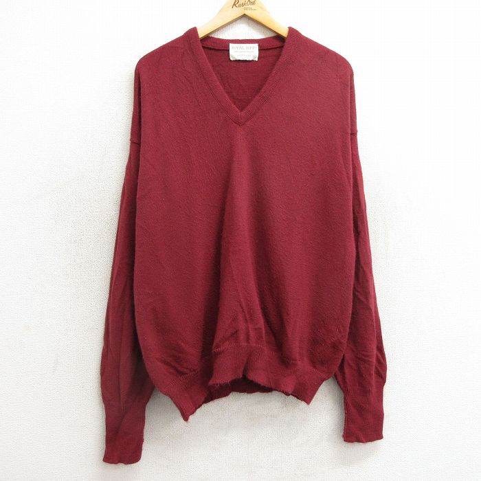 L★古着 長袖 セーター メンズ 80年代 80s 無地 アクリル Vネック USA製 エンジ系 24nov14 中古 ニット トップス