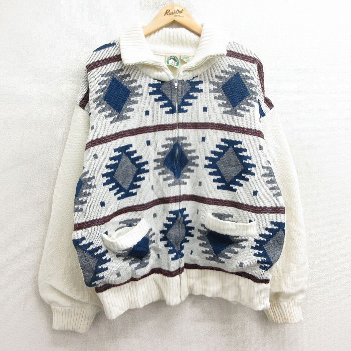 00s フルジップニットカーディガン ネイティブ柄 ホワイト XL | 古着