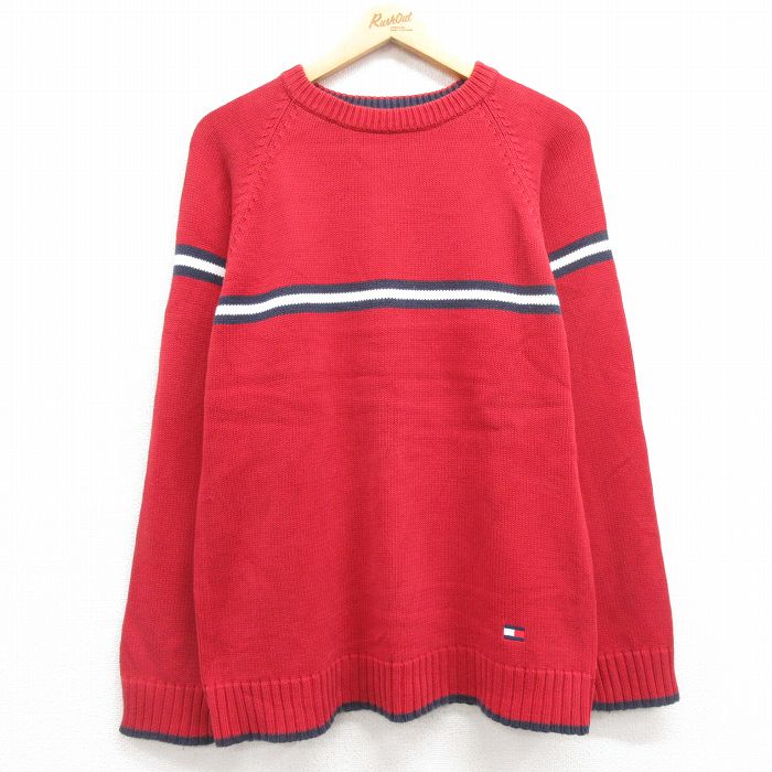 M★古着 トミーヒルフィガー TOMMY HILFIGER 長袖 ブランド セーター メンズ 90年代 90s ワンポイントロゴ ラグラン コットン クルーネック 赤 レッド 24nov15 中古 ニット トップス