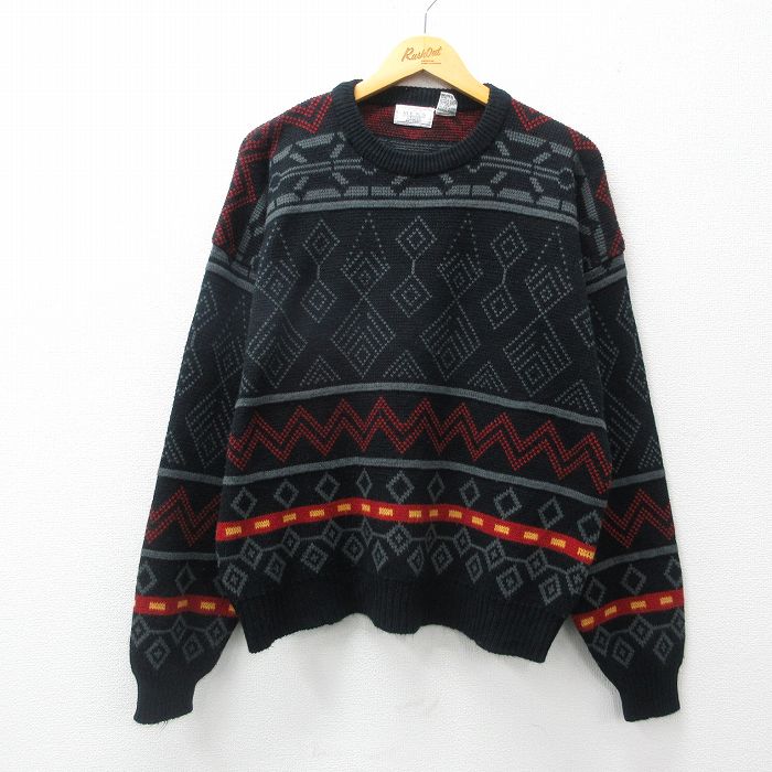 XL★古着 シアーズ 長袖 セーター メンズ 90年代 90s アクリル クルーネック 黒他 ブラック 24nov16 中古 ニット トップス