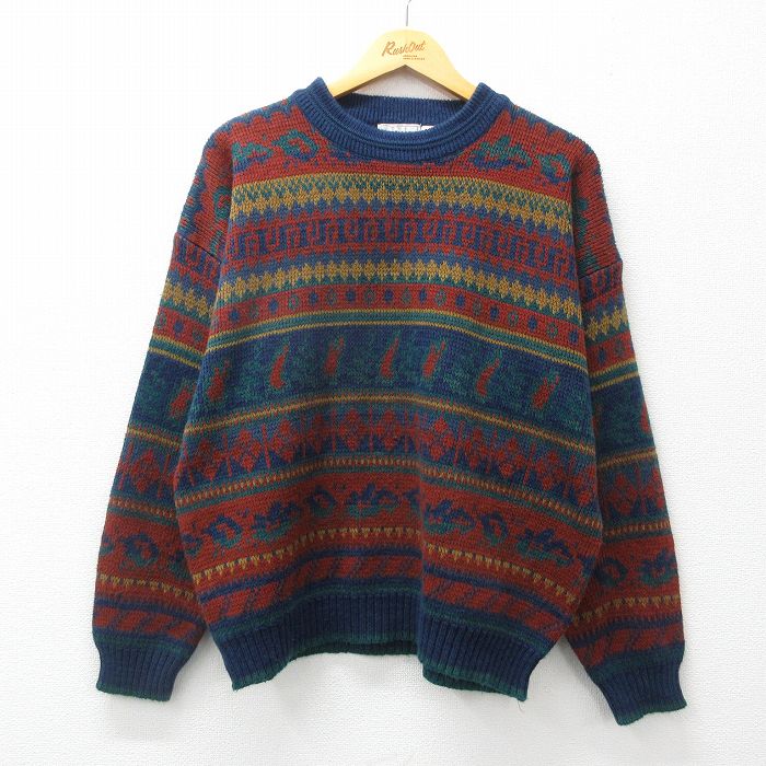 XL★古着 シアーズ 長袖 セーター メンズ 90年代 90s アクリル クルーネック 紺他 ネイビー 24nov16 中古 ニット トップス