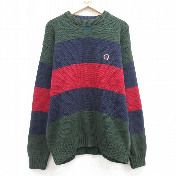 XL★古着 トミーヒルフィガー TOMMY HILFIGER 長袖 ブランド セーター メンズ 90年代 90s ワンポイントロゴ マルチカラー コットン クルーネック 紺他 ネイビー 【spe】 24nov18 中古 ニット トップス