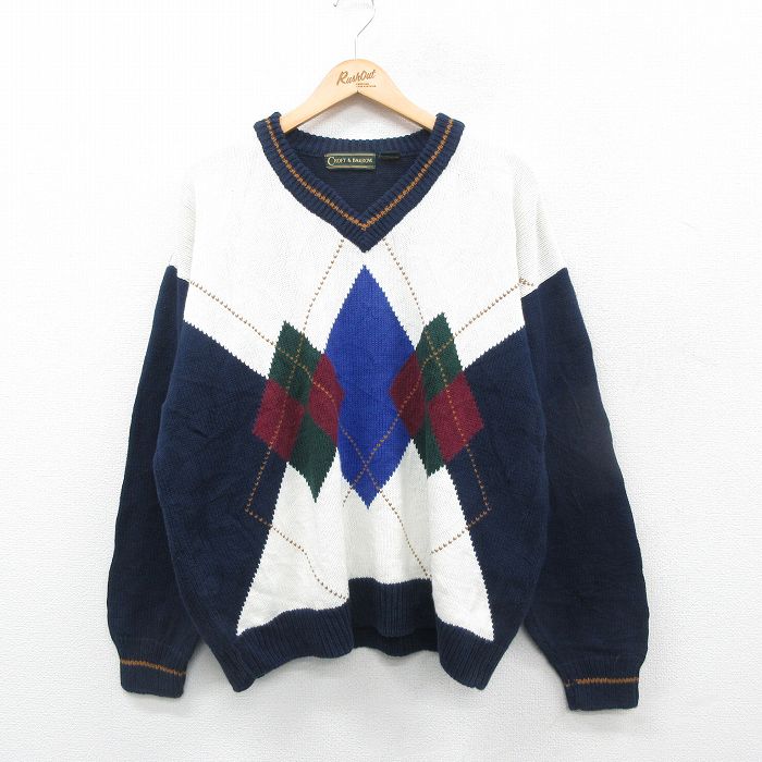 XL★古着 長袖 セーター メンズ 00年代 00s アーガイル コットン クルーネック 紺他 ネイビー 24nov19 中古 ニット トップス