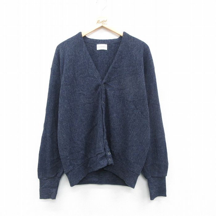 L★古着 長袖 ニット カーディガン メンズ 90年代 90s 無地 USA製 紺 ネイビー 24nov19 中古 トップス