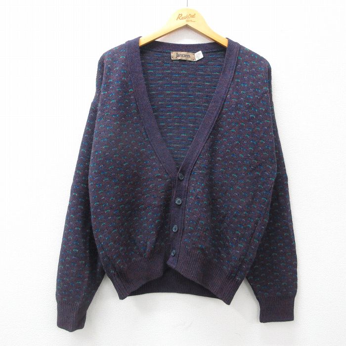 M★古着 ジャンセン 長袖 ニット カーディガン メンズ 80年代 80s アクリル 紫 パープル 24nov19 中古 トップス