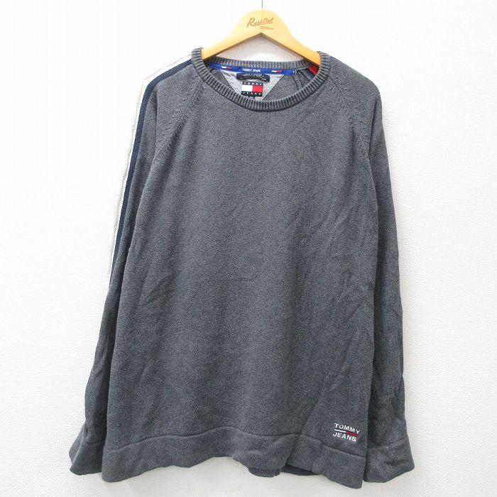 XL★古着 トミーヒルフィガー TOMMY HILFIGER トミージーンズ 長袖 ブランド セーター メンズ 90年代 90s ワンポイントロゴ ラグラン コットン クルーネック グレー 24nov19 中古 ニット トップス