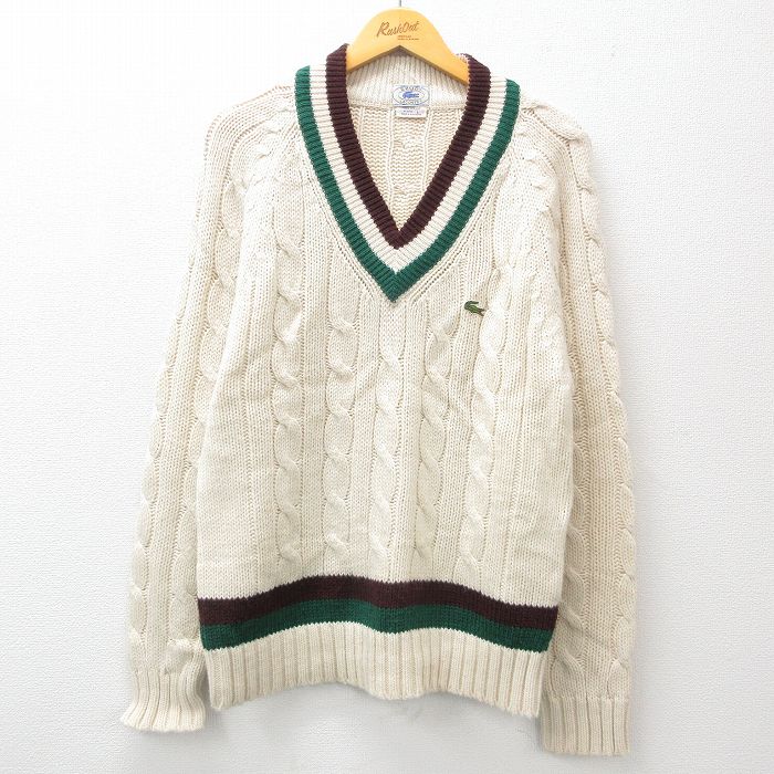 M★古着 ラコステ LACOSTE IZOD 長袖 ブランド ケーブル チルデン セーター メンズ 90年代 90s ワンポイントロゴ ラグラン アクリル Vネック 白 ホワイト 24nov19 中古 ニット トップス