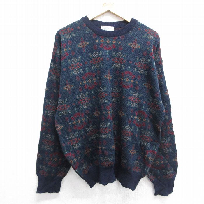 【50%OFF】XL★古着 長袖 セーター メンズ 90年代 90s 総柄 ウール クルーネック 紺 ネイビー 24nov19 中古 ニット トップス