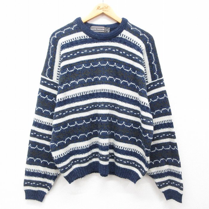 XL★古着 長袖 セーター メンズ 90年代 90s アクリル クルーネック USA製 紺 ネイビー 24nov26 中古 ニット トップス