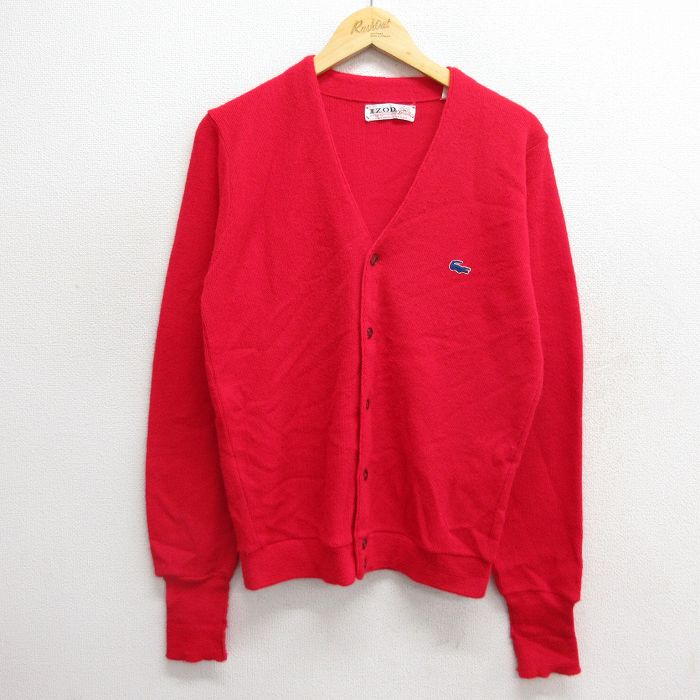 M★古着 IZOD 長袖 ニット カーディガン メンズ 80年代 80s ワンポイントロゴ アクリル USA製 赤 レッド 24nov27 中古 トップス