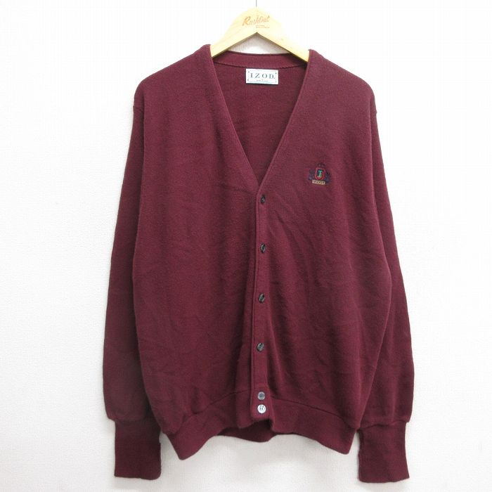 XL★古着 IZOD 長袖 ニット カーディガン メンズ 90年代 90s ワンポイントロゴ アクリル USA製 エンジ 24nov27 中古 トップス