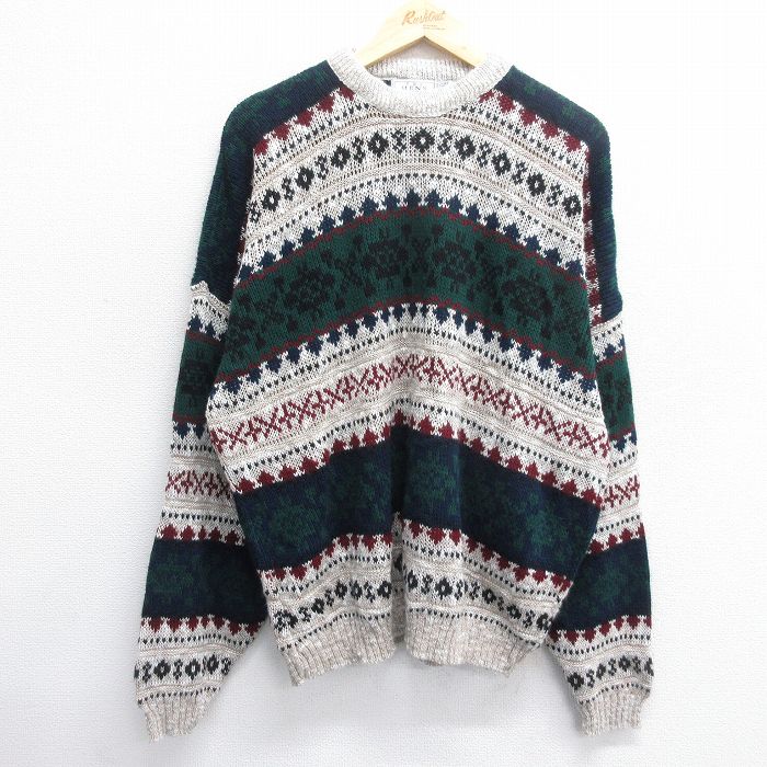 XL★古着 シアーズ 長袖 セーター メンズ 90年代 90s フェアアイル 大きいサイズ アクリル クルーネック USA製 緑他 グリーン 【spe】 24nov27 中古 ニット トップス