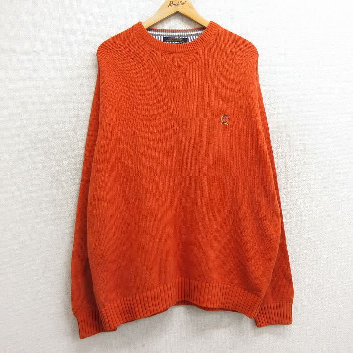 XL★古着 トミーヒルフィガー TOMMY HILFIGER 長袖 ブランド セーター メンズ 90年代 90s ワンポイントロゴ コットン クルーネック オレンジ 24nov28 中古 ニット トップス