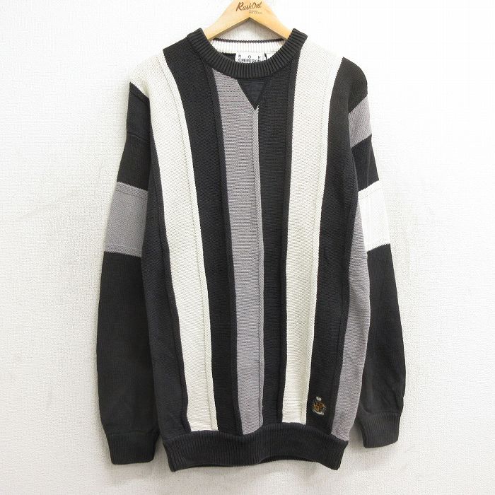 M★古着 長袖 セーター メンズ 00年代 00s コットン クルーネック 黒他 ブラック ストライプ 24nov28 中古 ニット トップス