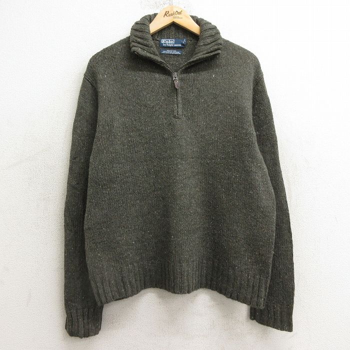 L★古着 ラルフローレン Ralph Lauren 長袖 ブランド ハーフジップ セーター メンズ 90年代 90s 無地 ヒジ当てスエード使用 濃緑他 グリーン 【spe】 24nov28 中古 ニット トップス