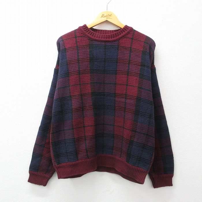 【50%OFF】XL★古着 長袖 セーター メンズ 90年代 90s コットン クルーネック エンジ他 チェック 24nov29 中古 ニット トップス