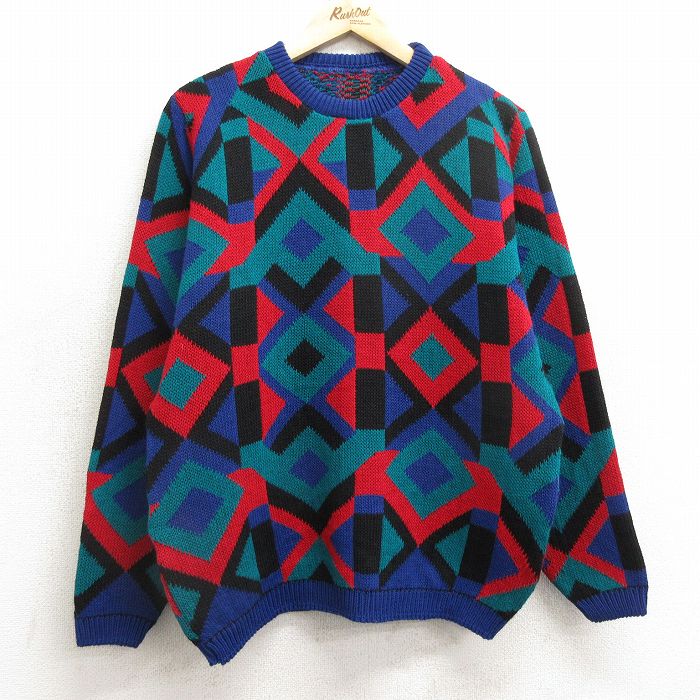 M★古着 長袖 セーター メンズ クルーネック 青他 ブルー 24nov29 中古 ニット トップス