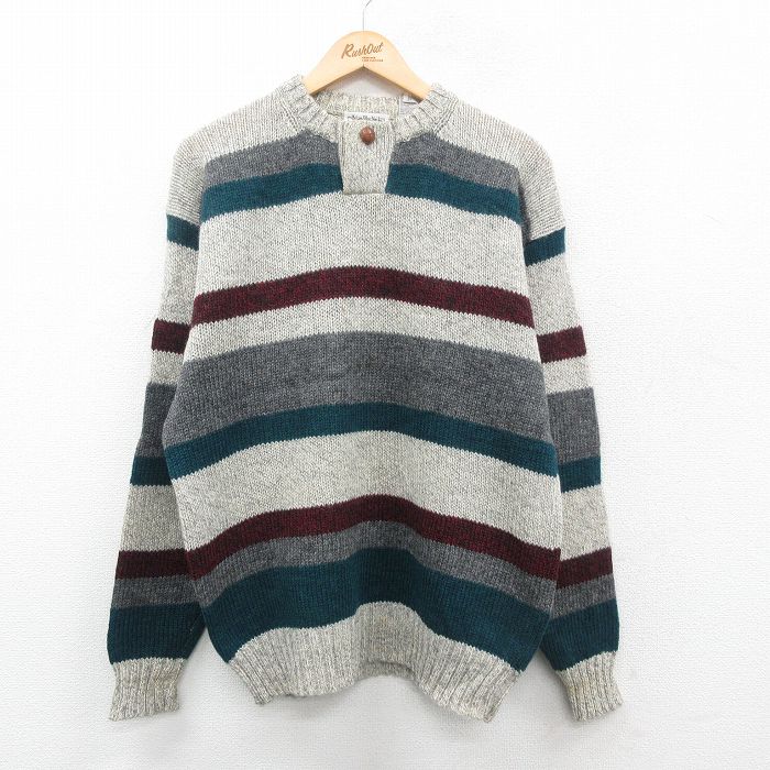 L★古着 長袖 セーター メンズ 90年代 90s ウール クルーネック グレー他 ボーダー 24nov30 中古 ニット トップス