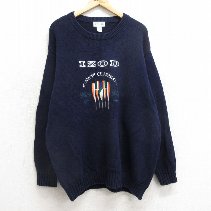 XL★古着 IZOD 長袖 セーター メンズ 90年代 90s ビッグロゴ 刺繍 コットン クルーネック 紺 ネイビー 【spe】 24nov30 中古 ニット トップス