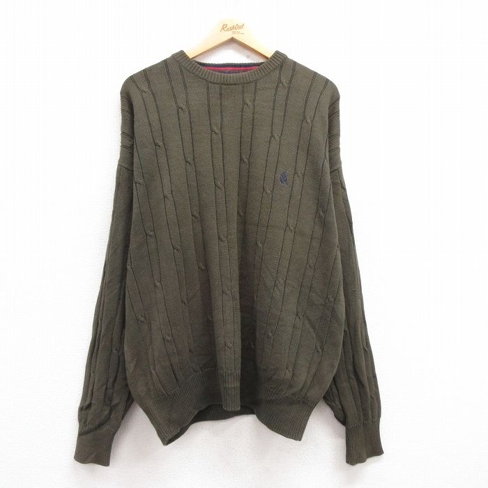 XL★古着 ノーティカ NAUTICA 長袖 ブランド セーター メンズ 90年代 90s ワンポイントロゴ 大きいサイズ コットン クルーネック 濃緑 グリーン 24dec02 中古 ニット トップス