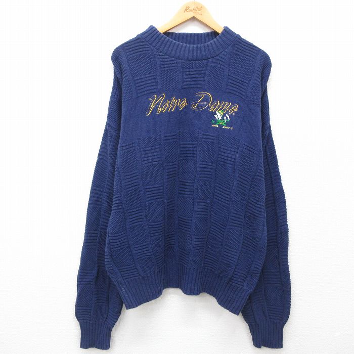 XL★古着 長袖 セーター メンズ 00年代 00s ノートルダム 大きいサイズ クルーネック 紺 ネイビー 24dec03 中古 ニット トップス