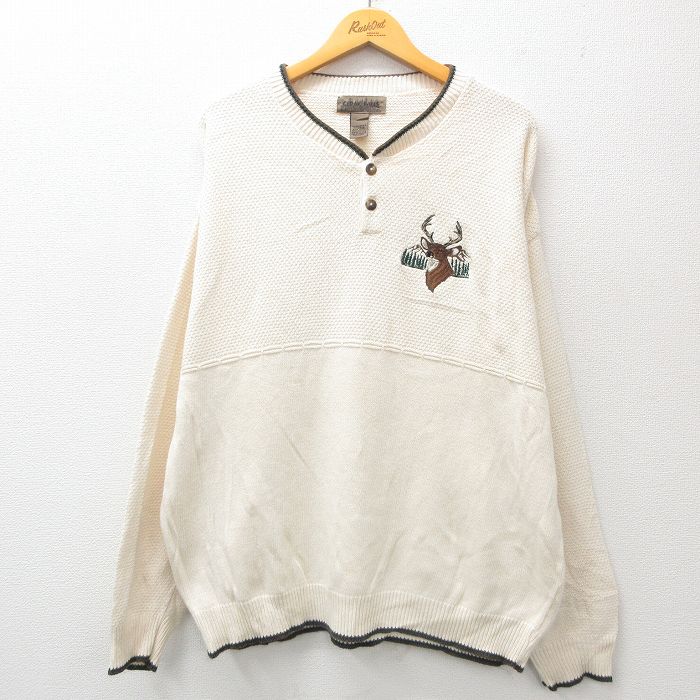 XL★古着 長袖 セーター メンズ 90年代 90s シカ 大きいサイズ コットン ヘンリーネック USA製 白 ホワイト 24dec03 中古 ニット トップス