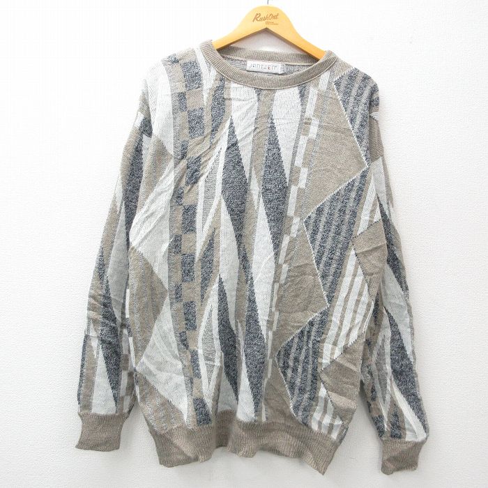 XL★古着 ジャンセン 長袖 セーター メンズ 90年代 90s クルーネック USA製 ベージュ他 カーキ 24dec03 中古 ニット トップス