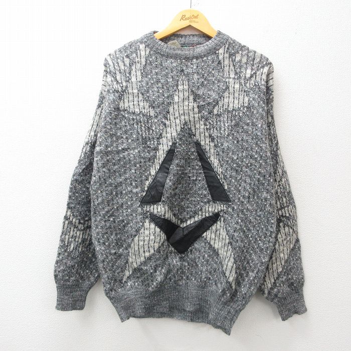 【50%OFF】XL★古着 長袖 セーター メンズ 90年代 90s レザー使用 クルーネック イタリア製 グレー 霜降り他 【spe】 24dec03 中古 ニット トップス