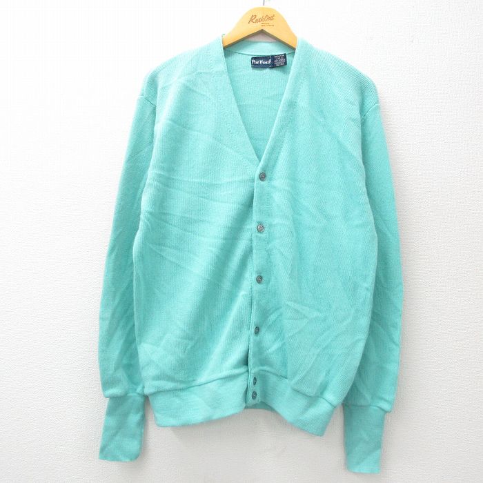 L★古着 長袖 ニット カーディガン メンズ 80年代 80s 無地 アクリル USA製 青緑 24dec03 中古 トップス