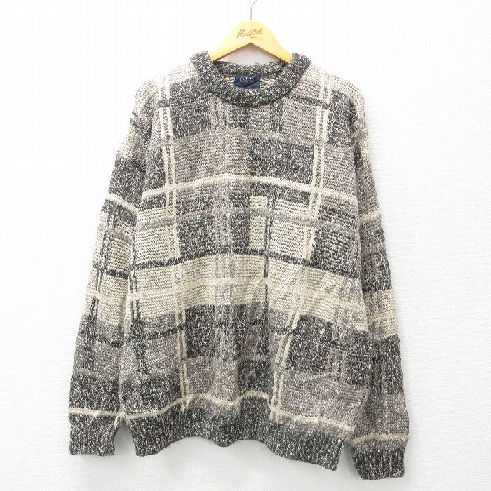XL★古着 長袖 セーター メンズ 90年代 90s 大きいサイズ クルーネック ベージュ カーキ 24dec03 中古 ニット トップス