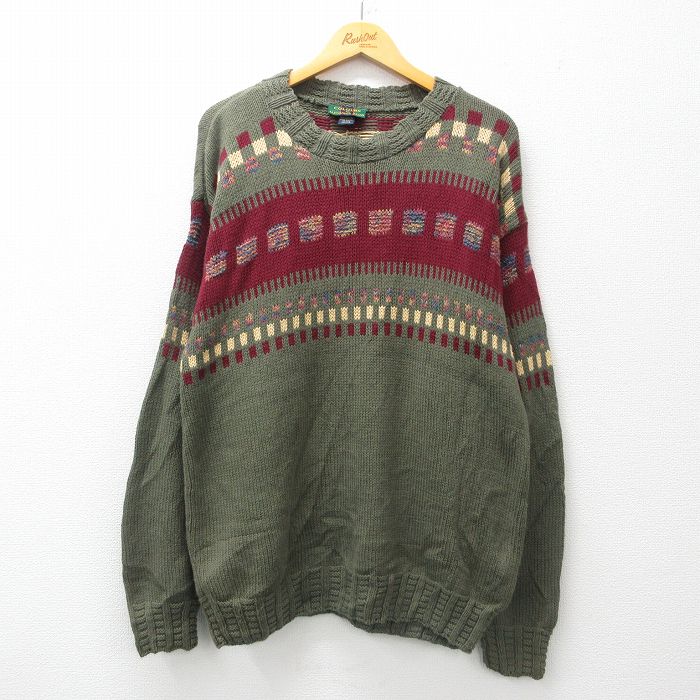 L★古着 長袖 セーター メンズ 90年代 90s コットン クルーネック USA製 緑 グリーン 【spe】 24dec03 中古 ニット トップス