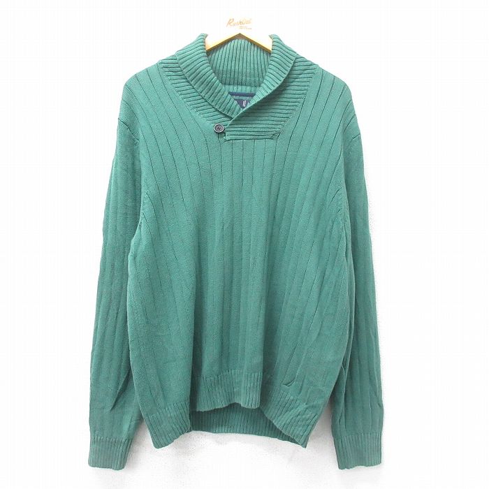 L★古着 ノーティカ NAUTICA 長袖 ブランド セーター メンズ ワンポイントロゴ コットン ショールカラー 緑 グリーン 24dec04 中古 ニット トップス