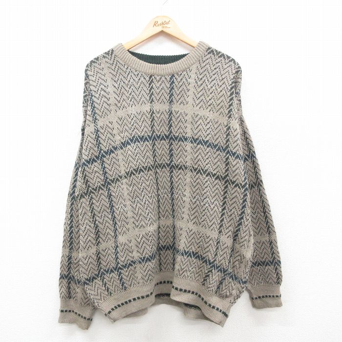 XL★古着 バンヒューセン 長袖 セーター メンズ 90年代 90s 大きいサイズ アクリル クルーネック ベージュ系他 カーキ 24dec04 中古 ニット トップス