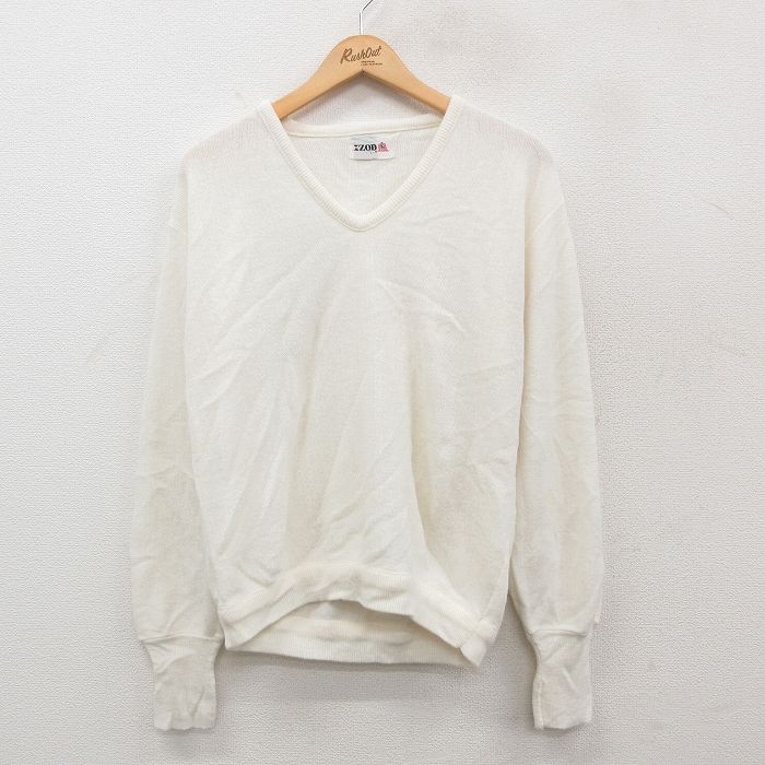 【50%OFF】L★古着 IZOD 長袖 セーター メンズ 80年代 80s 無地 Vネック USA製 白 ホワイト 24dec04 中古 ニット トップス